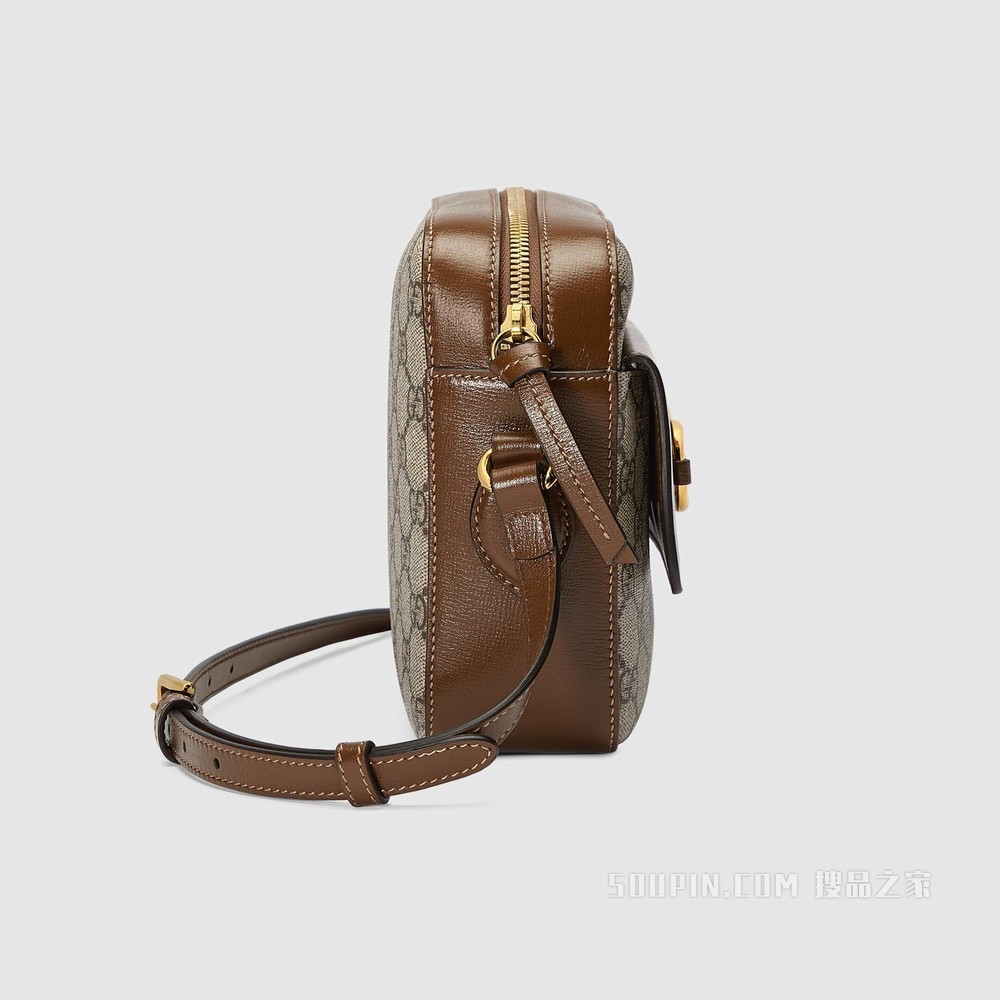 Gucci 马衔扣1955系列小号肩背包 米色和乌木色GG Supreme帆布
