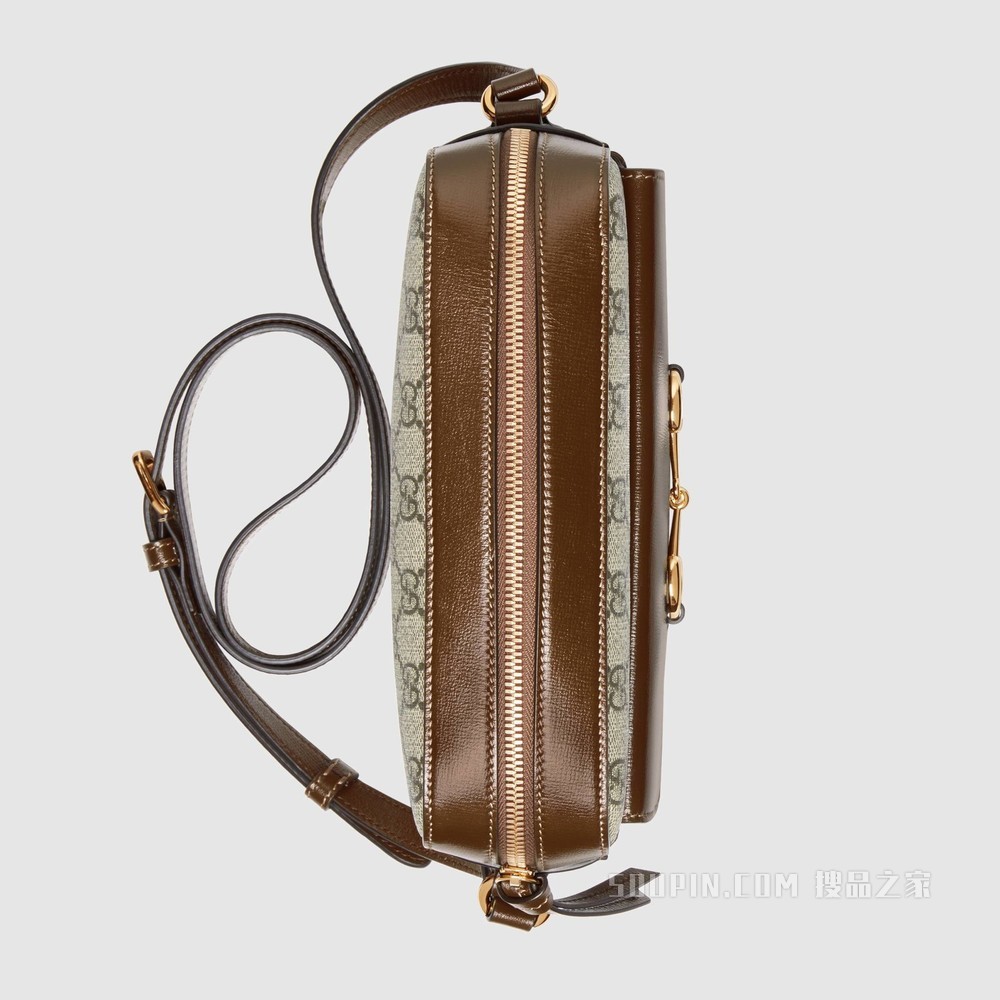 Gucci 马衔扣1955系列小号肩背包 米色和乌木色GG Supreme帆布
