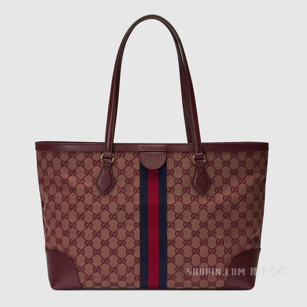 Ophidia系列织带中号托特包 酒红色GG帆布