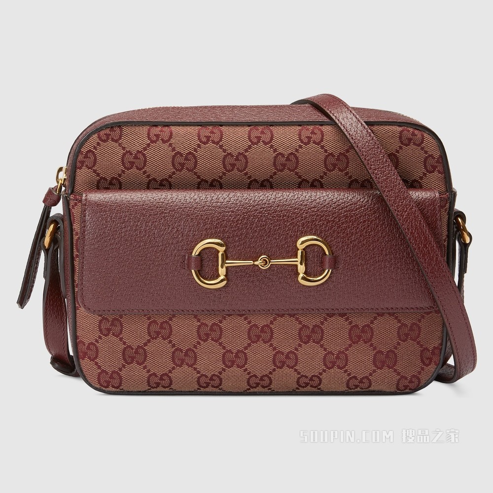 Gucci 马衔扣1955系列小号手袋 酒红色GG帆布