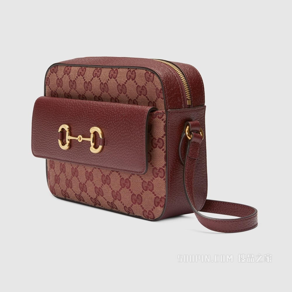 Gucci 马衔扣1955系列小号手袋 酒红色GG帆布
