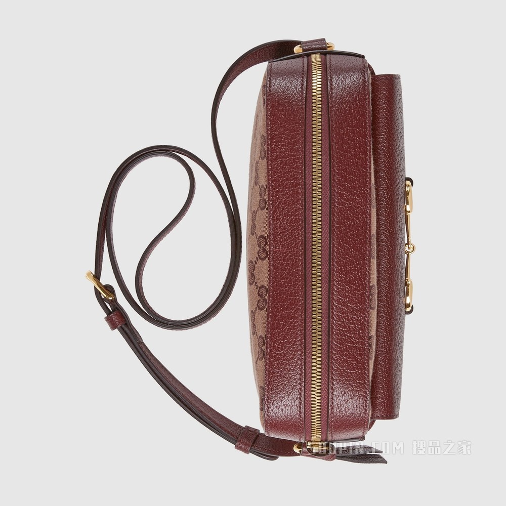 Gucci 马衔扣1955系列小号手袋 酒红色GG帆布