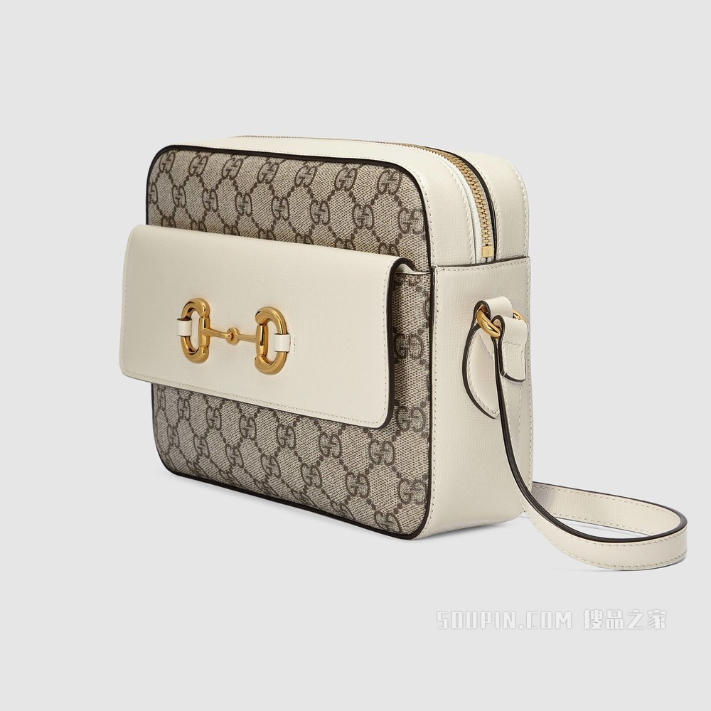 Gucci 马衔扣1955系列小号肩背包 米色和乌木色GG Supreme帆布
