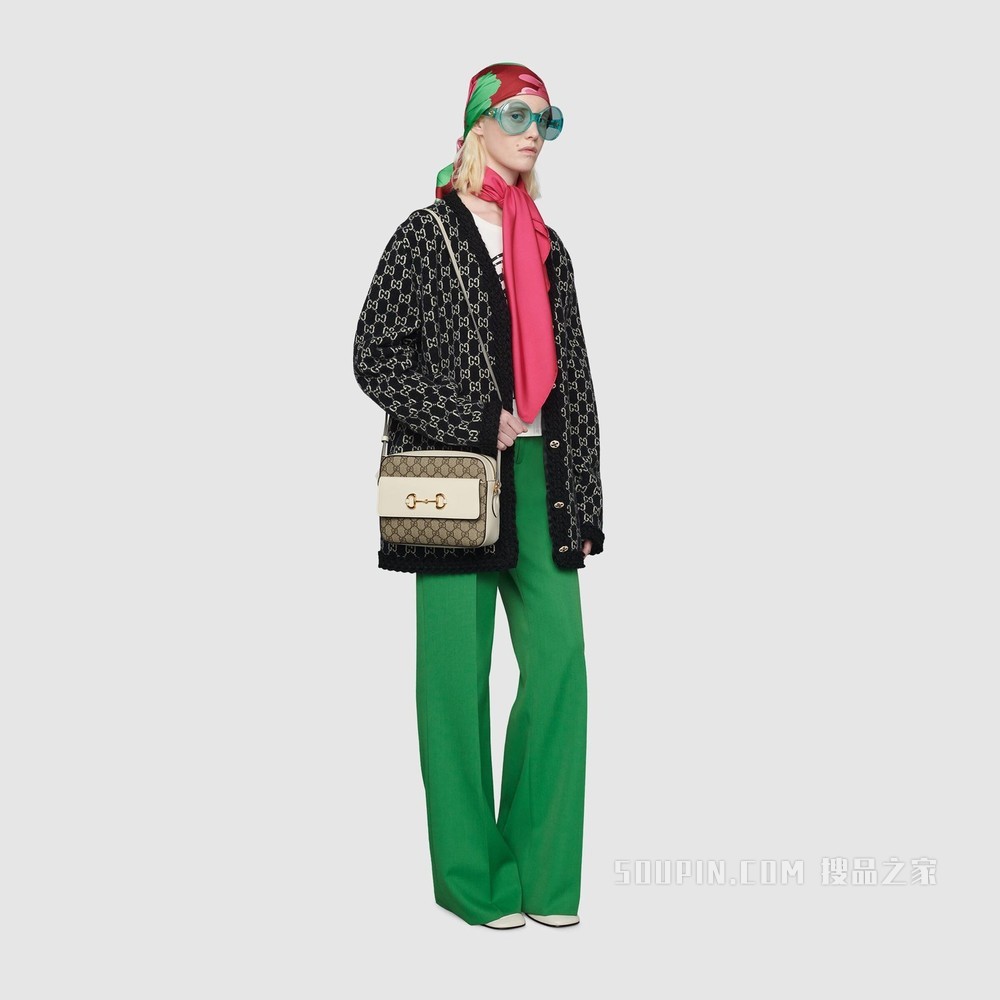 Gucci 马衔扣1955系列小号肩背包 米色和乌木色GG Supreme帆布