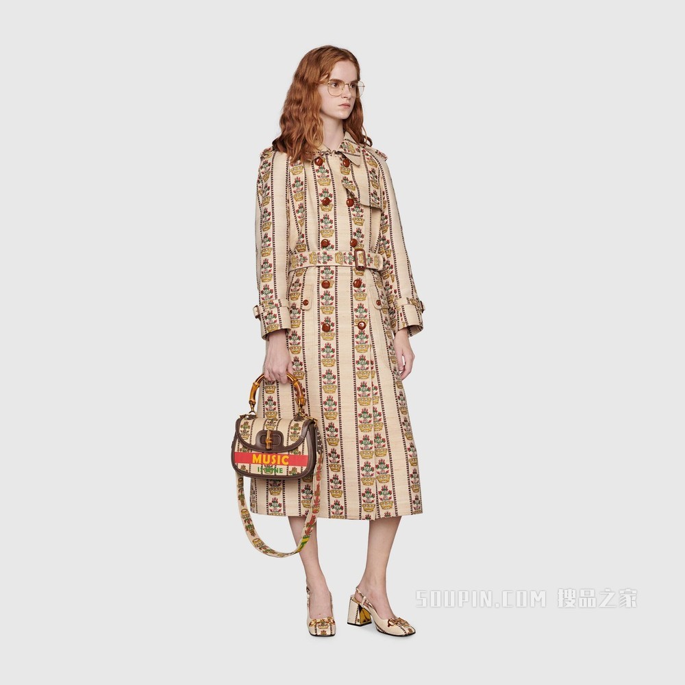 Gucci 100特别系列中号竹节手袋 象牙白色提花
