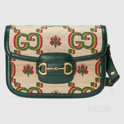 Gucci 100特别系列马衔扣1955小号肩背包 米色和绿色提花