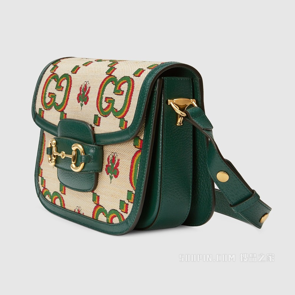Gucci 100特别系列马衔扣1955小号肩背包 米色和绿色提花