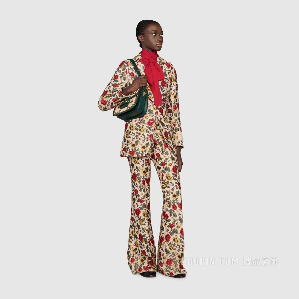 Gucci 100特别系列马衔扣1955小号肩背包 米色和绿色提花