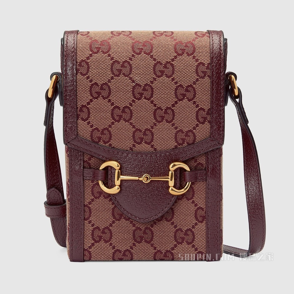 Gucci 马衔扣1955系列迷你手袋 酒红色GG帆布