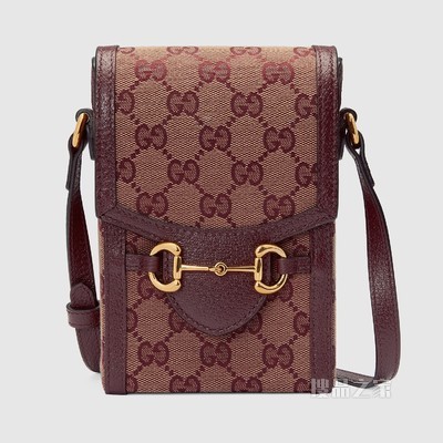 Gucci 马衔扣1955系列迷你手袋 酒红色GG帆布