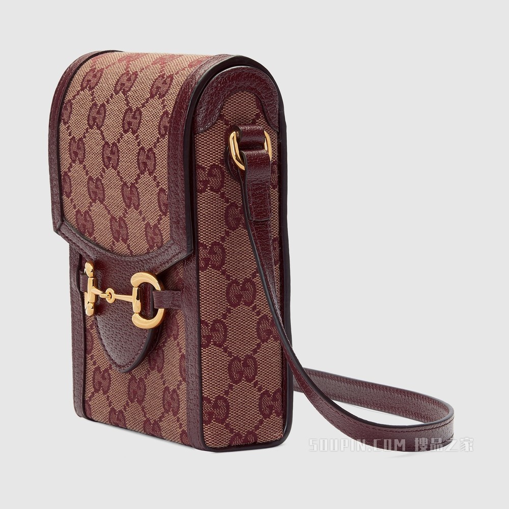 Gucci 马衔扣1955系列迷你手袋 酒红色GG帆布