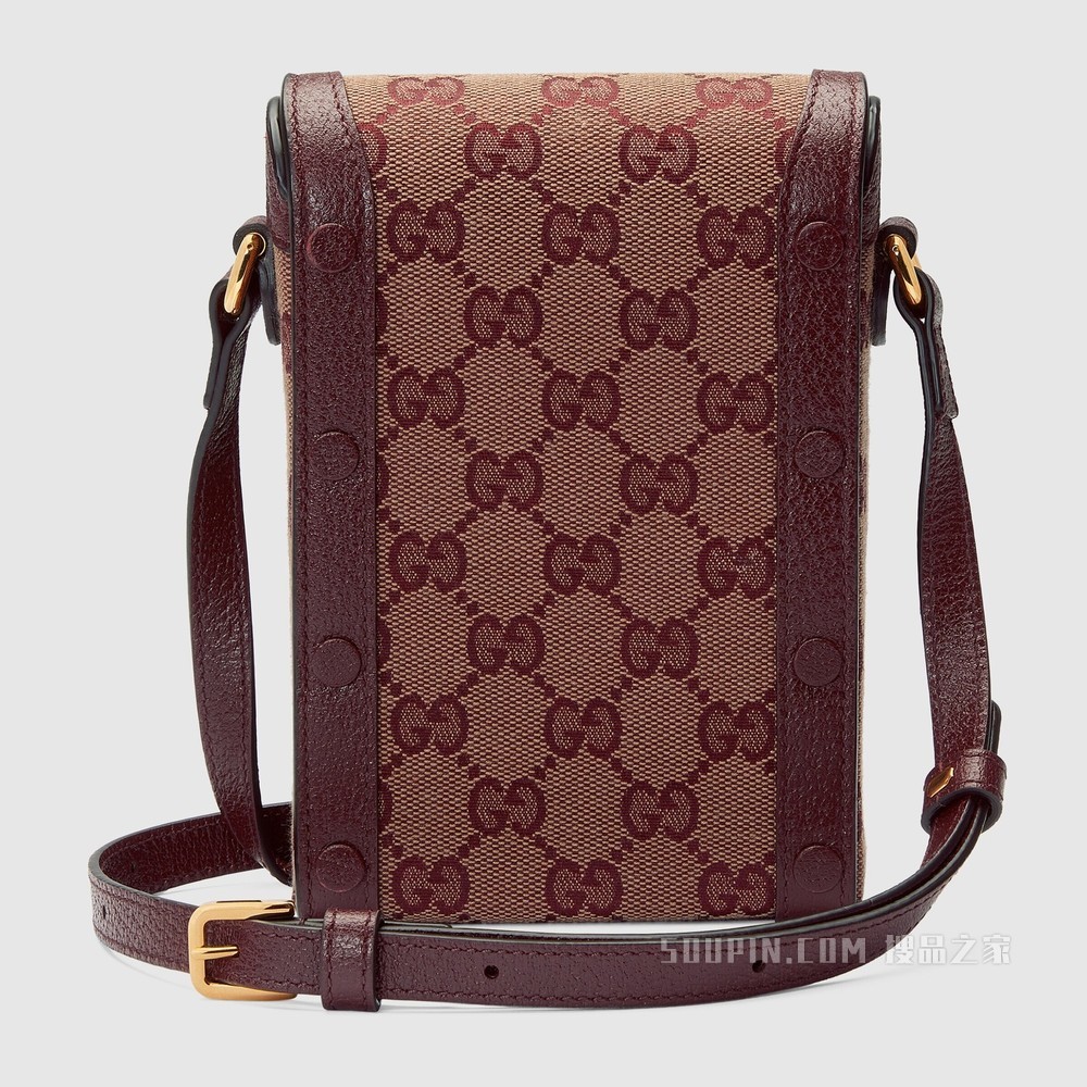 Gucci 马衔扣1955系列迷你手袋 酒红色GG帆布