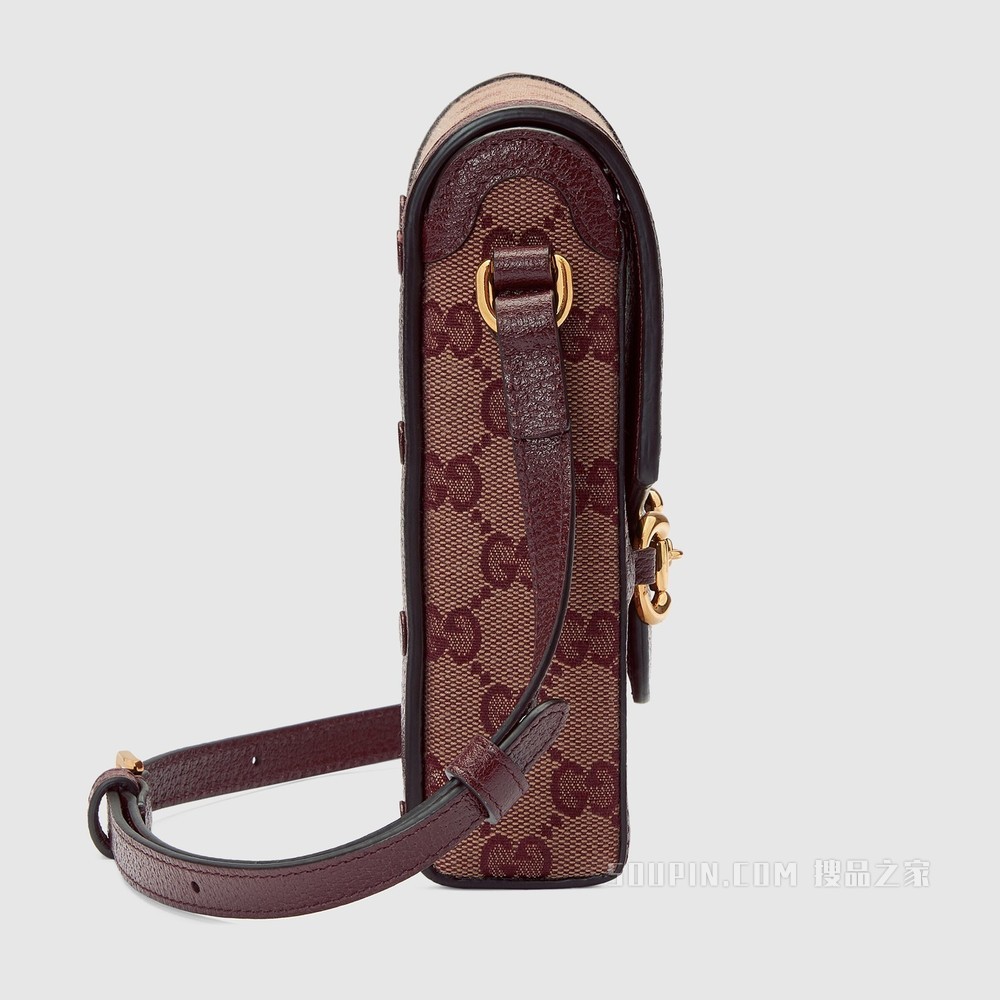 Gucci 马衔扣1955系列迷你手袋 酒红色GG帆布
