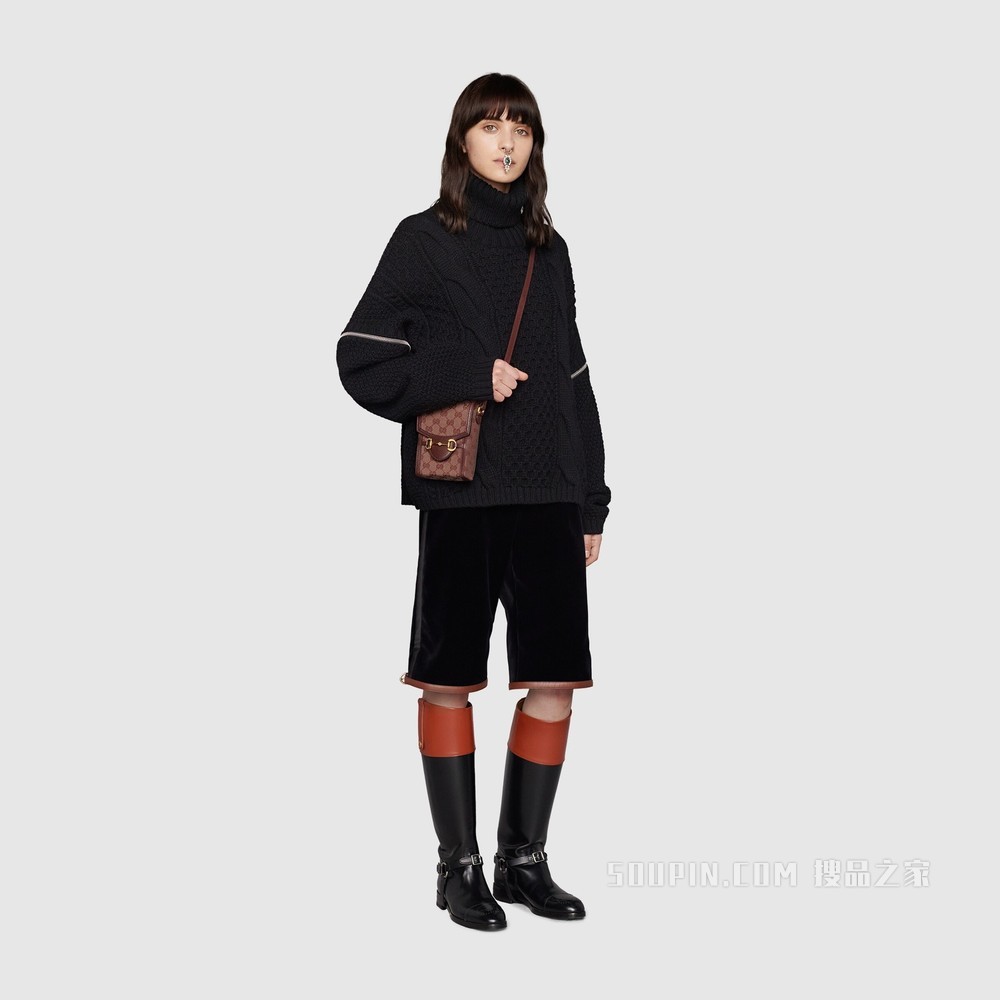 Gucci 马衔扣1955系列迷你手袋 酒红色GG帆布