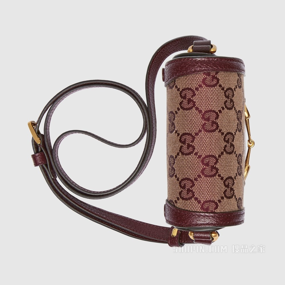 Gucci 马衔扣1955系列迷你手袋 酒红色GG帆布