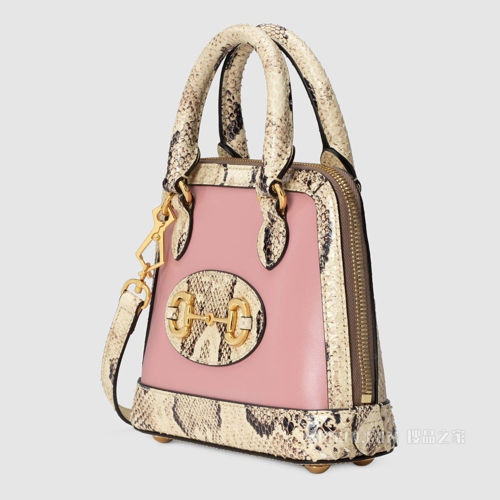 Gucci 马衔扣1955系列蟒蛇皮迷你手袋 粉色和天然色