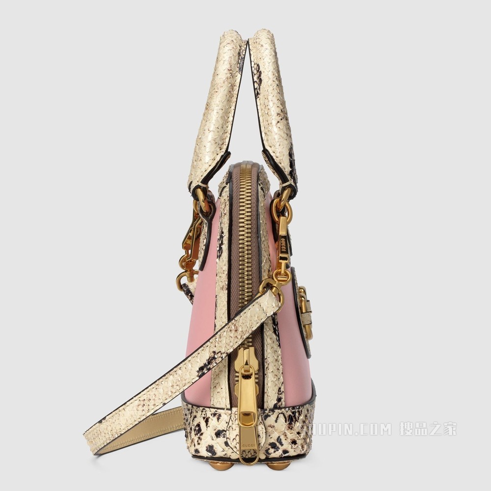 Gucci 马衔扣1955系列蟒蛇皮迷你手袋 粉色和天然色