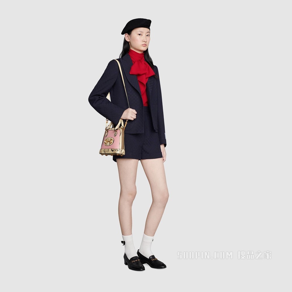 Gucci 马衔扣1955系列蟒蛇皮迷你手袋 粉色和天然色