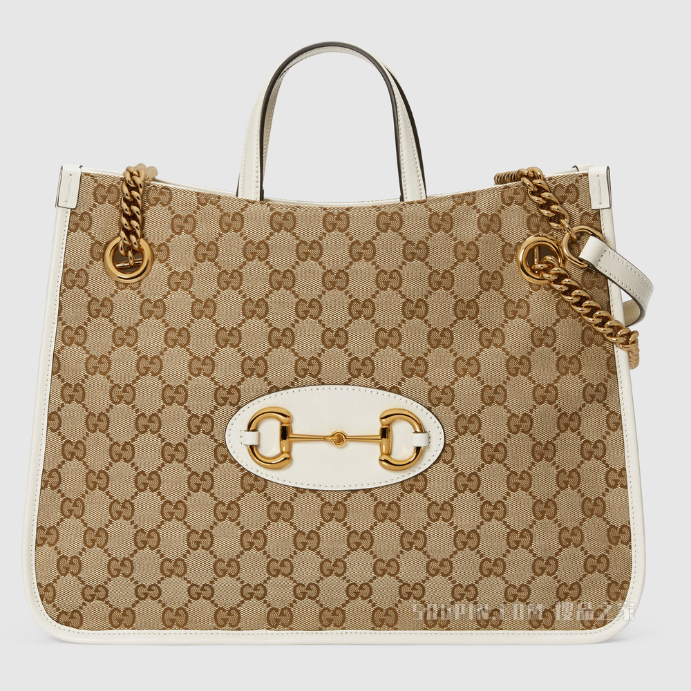 Gucci 马衔扣1955系列中号托特包 经典GG/白色