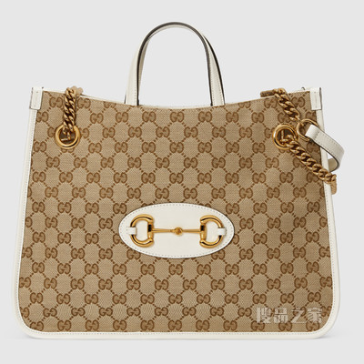 Gucci 马衔扣1955系列中号托特包 经典GG/白色