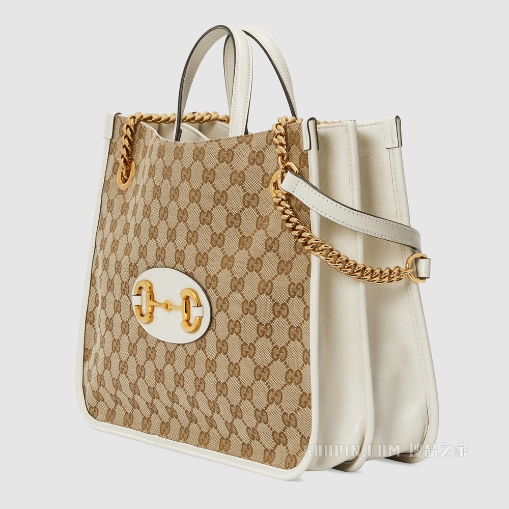 Gucci 马衔扣1955系列中号托特包 经典GG/白色