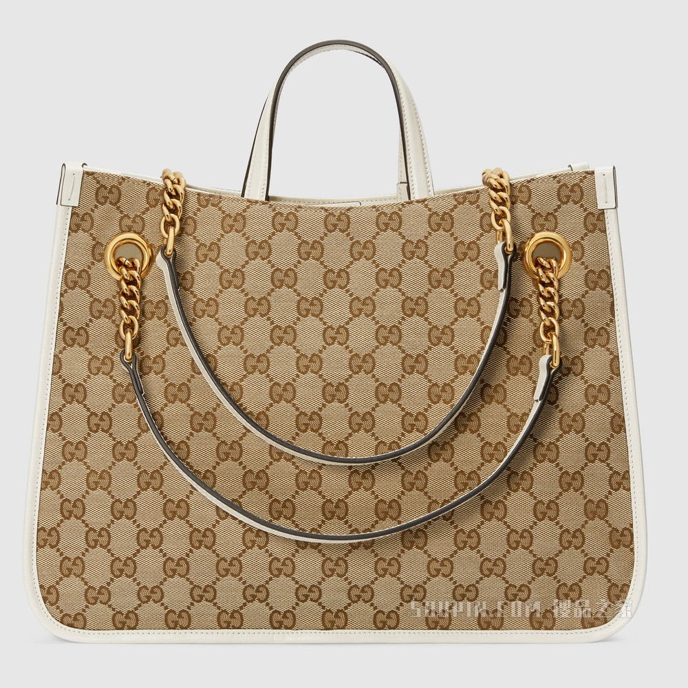 Gucci 马衔扣1955系列中号托特包 经典GG/白色