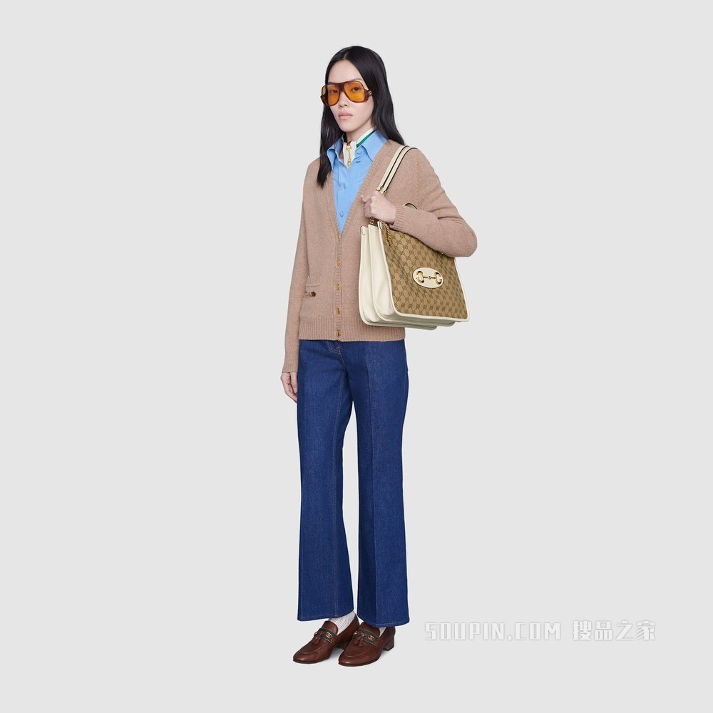 Gucci 马衔扣1955系列中号托特包 经典GG/白色