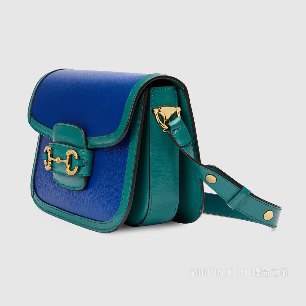 Gucci 马衔扣1955系列小号肩背包 蓝色和宝石绿色皮革