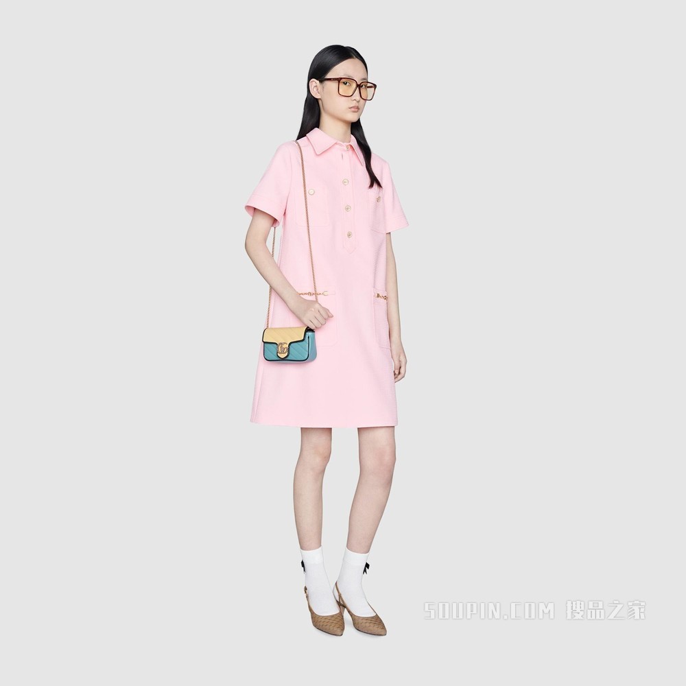 官网专享GG Marmont系列超迷你手袋 奶黄色和蓝色皮革
