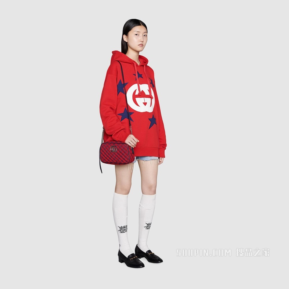 古驰520特别系列GG Marmont小号肩背包 红色和蓝色GG帆布