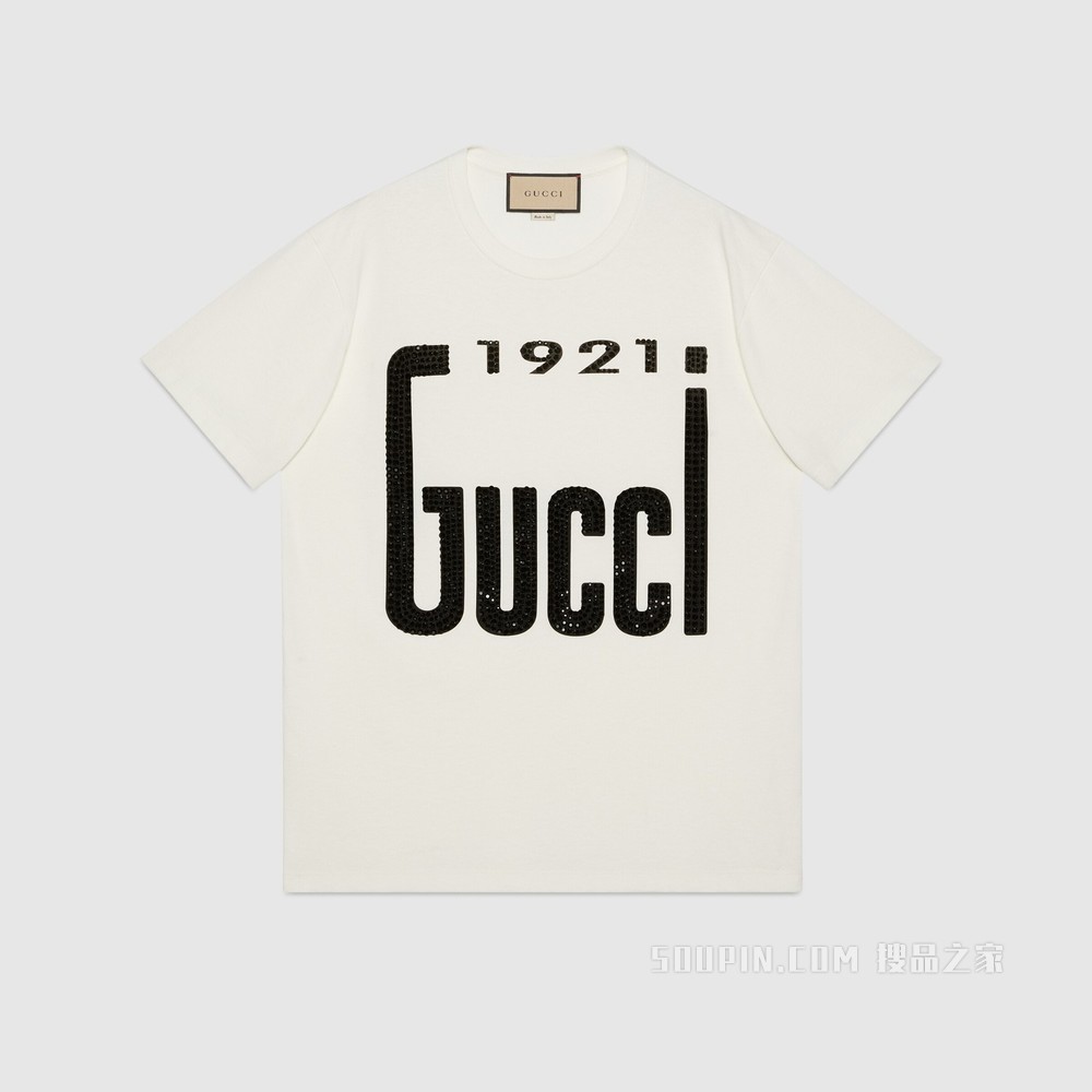 水晶“1921 Gucci”印花棉质T恤 米白色