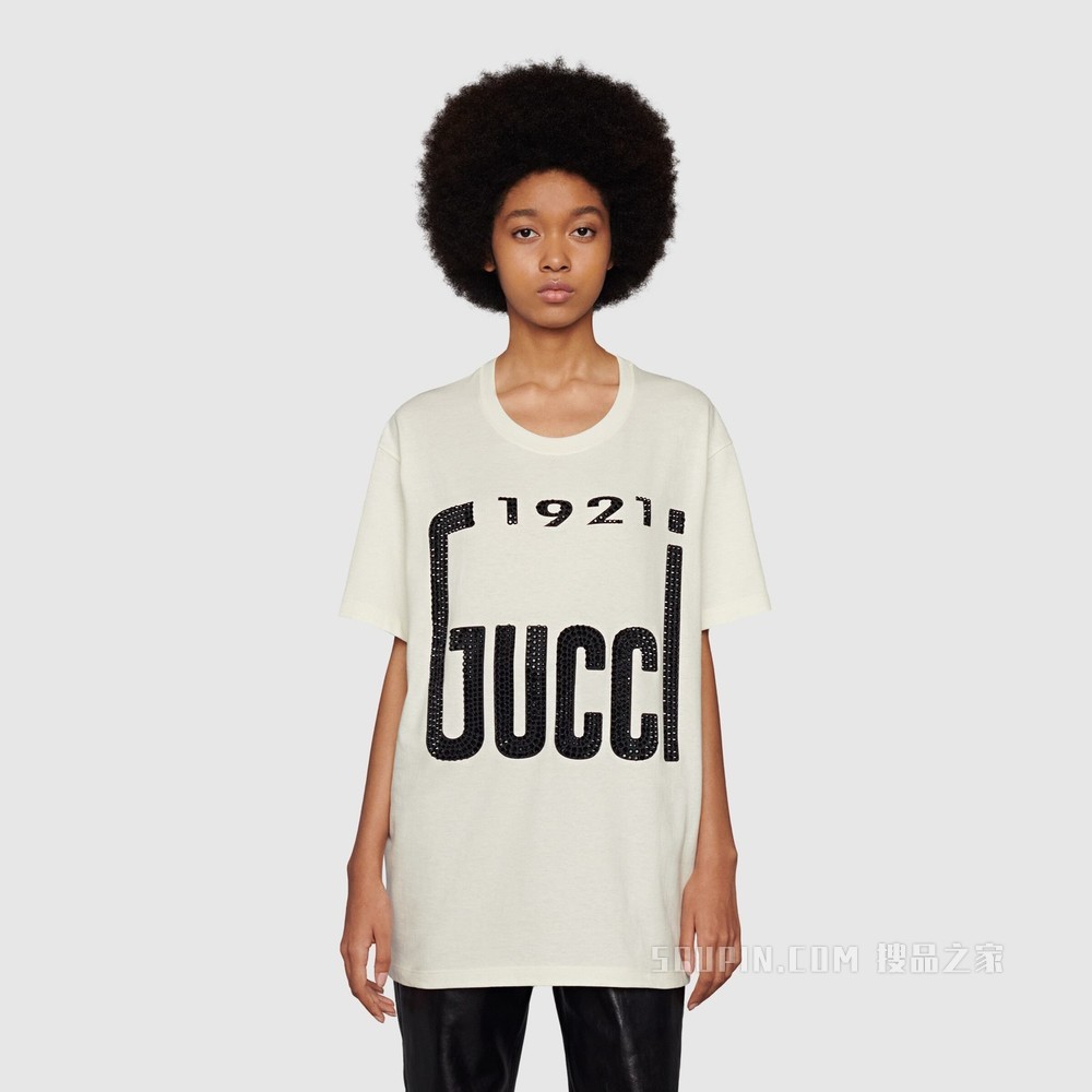 水晶“1921 Gucci”印花棉质T恤 米白色