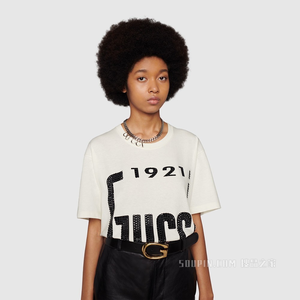 水晶“1921 Gucci”印花棉质T恤 米白色