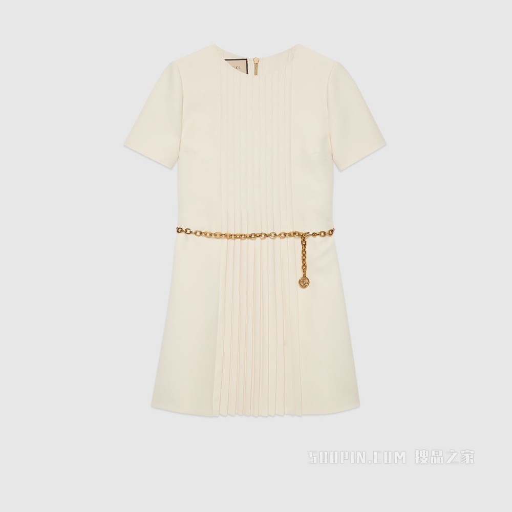 链式腰带褶裥连衣裙 象牙白