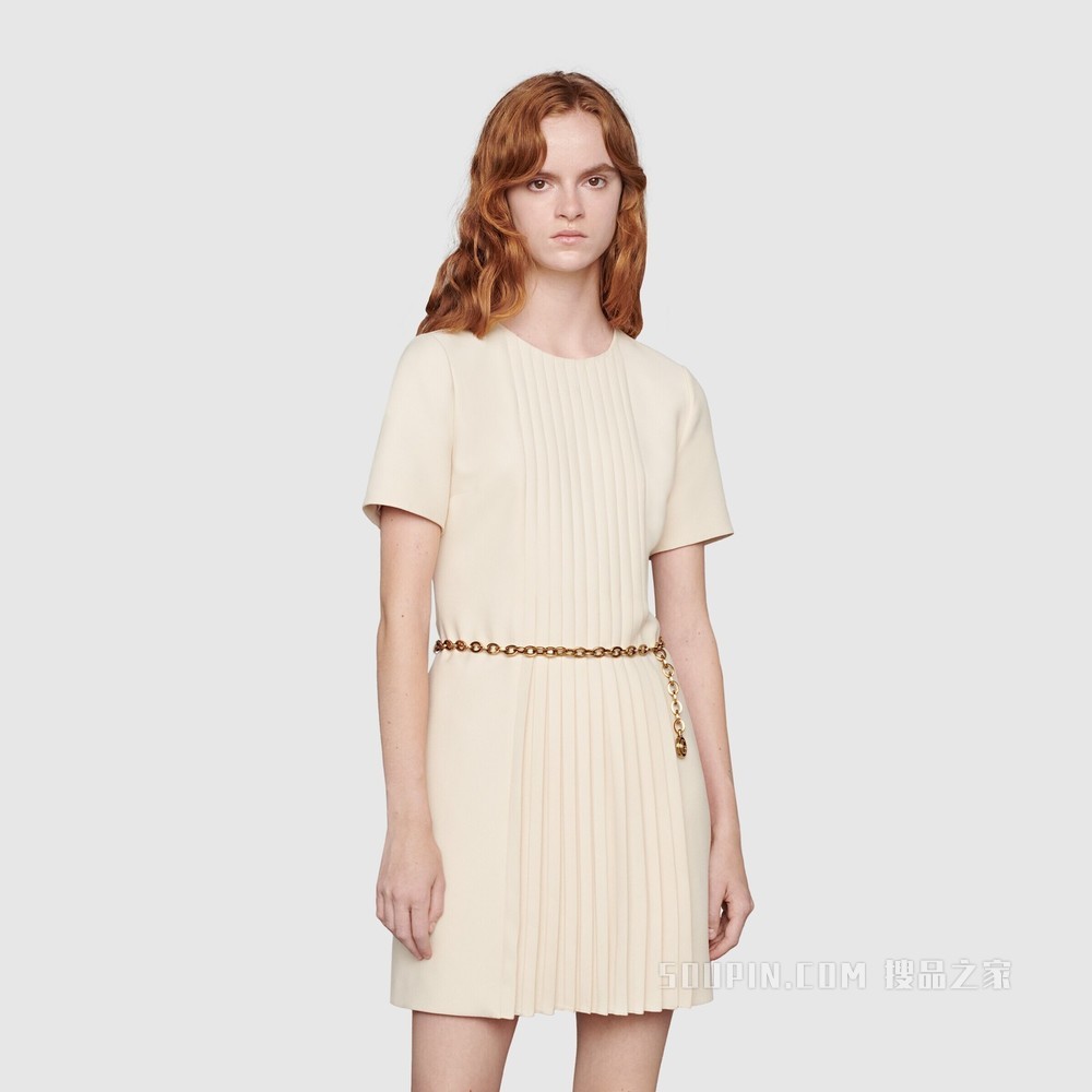 链式腰带褶裥连衣裙 象牙白