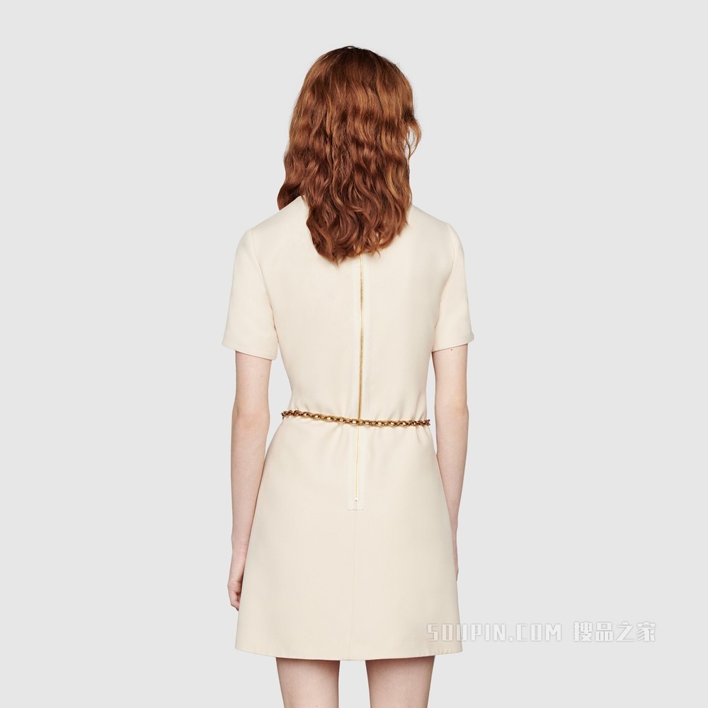 链式腰带褶裥连衣裙 象牙白