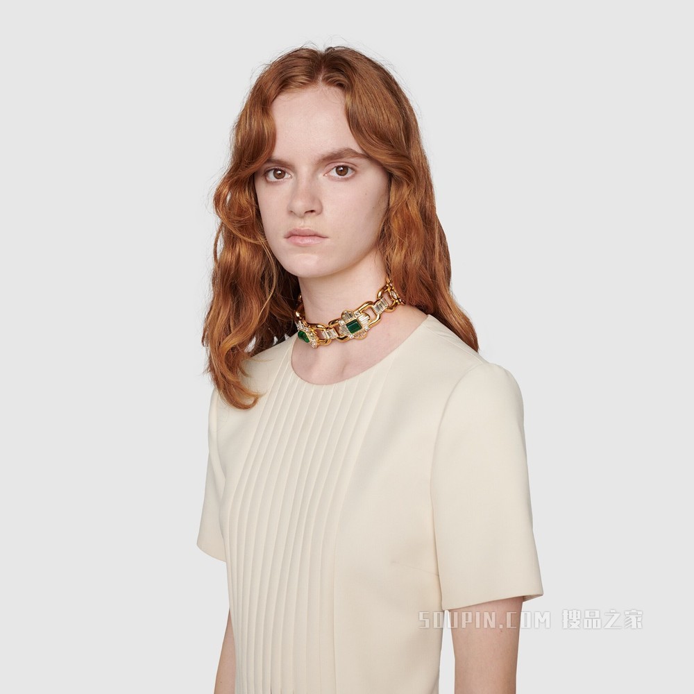 链式腰带褶裥连衣裙 象牙白