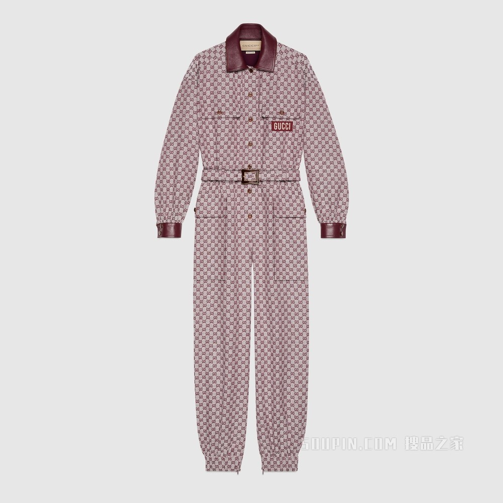 Gucci 100特别系列GG帆布连体裤 米色和酒红色