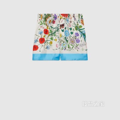 Gucci 100特别系列花卉印花短裤 象牙白和浅蓝色