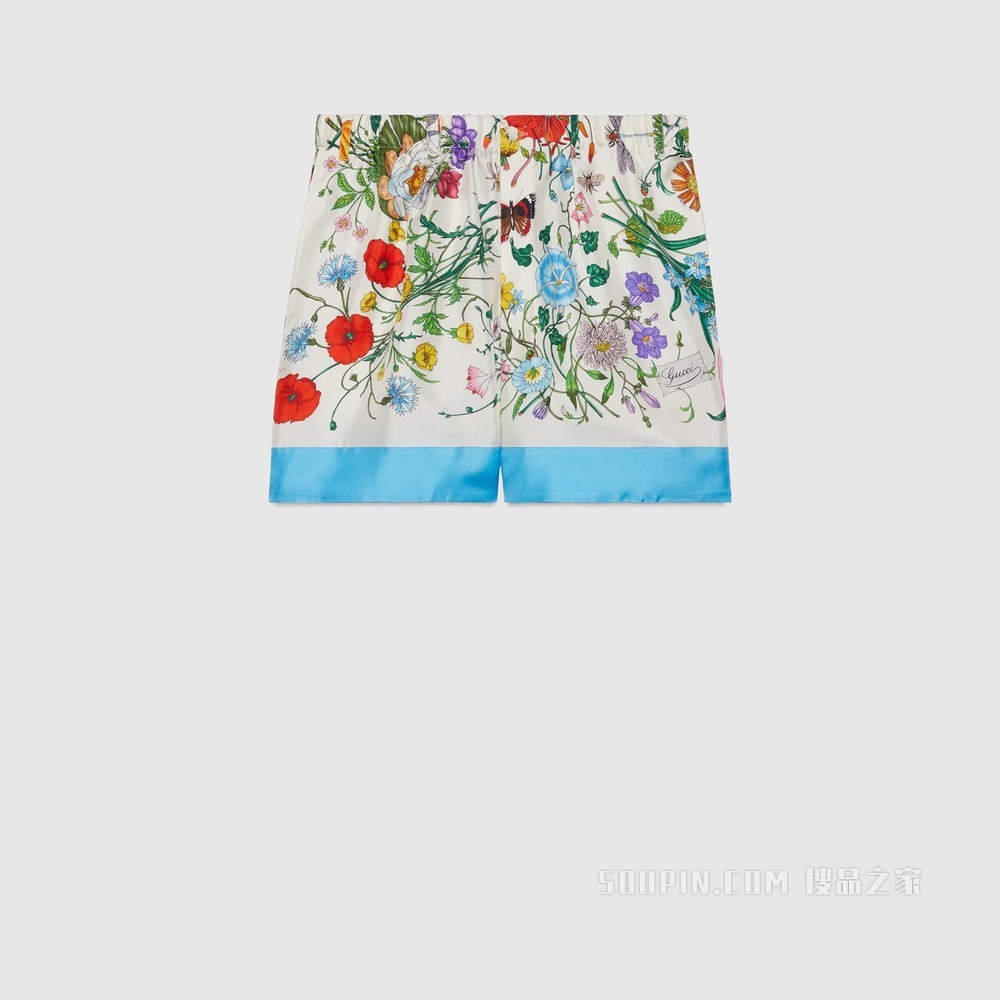 Gucci 100特别系列花卉印花短裤 象牙白和浅蓝色