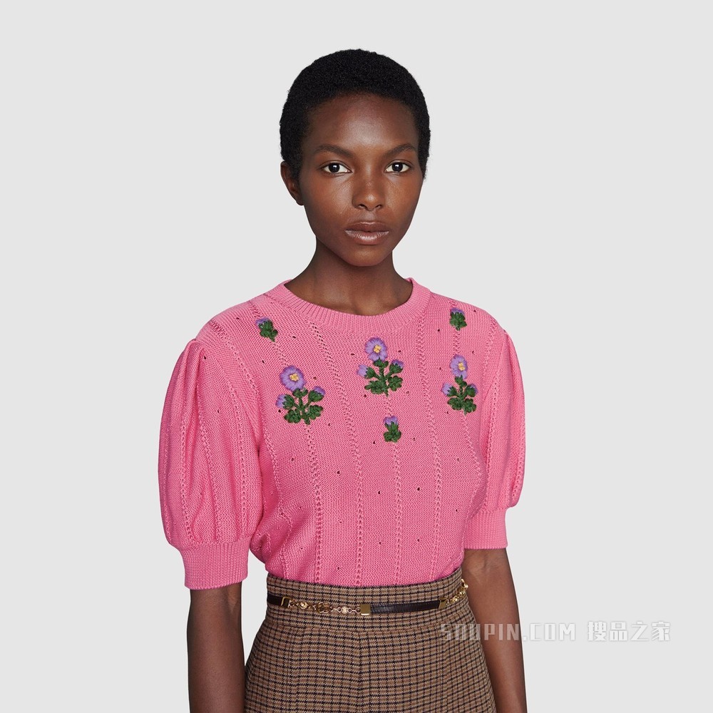 花卉刺绣针织上衣 粉色