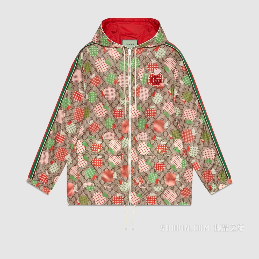 女士心苹果图案尼龙夹克 米色和乌木色