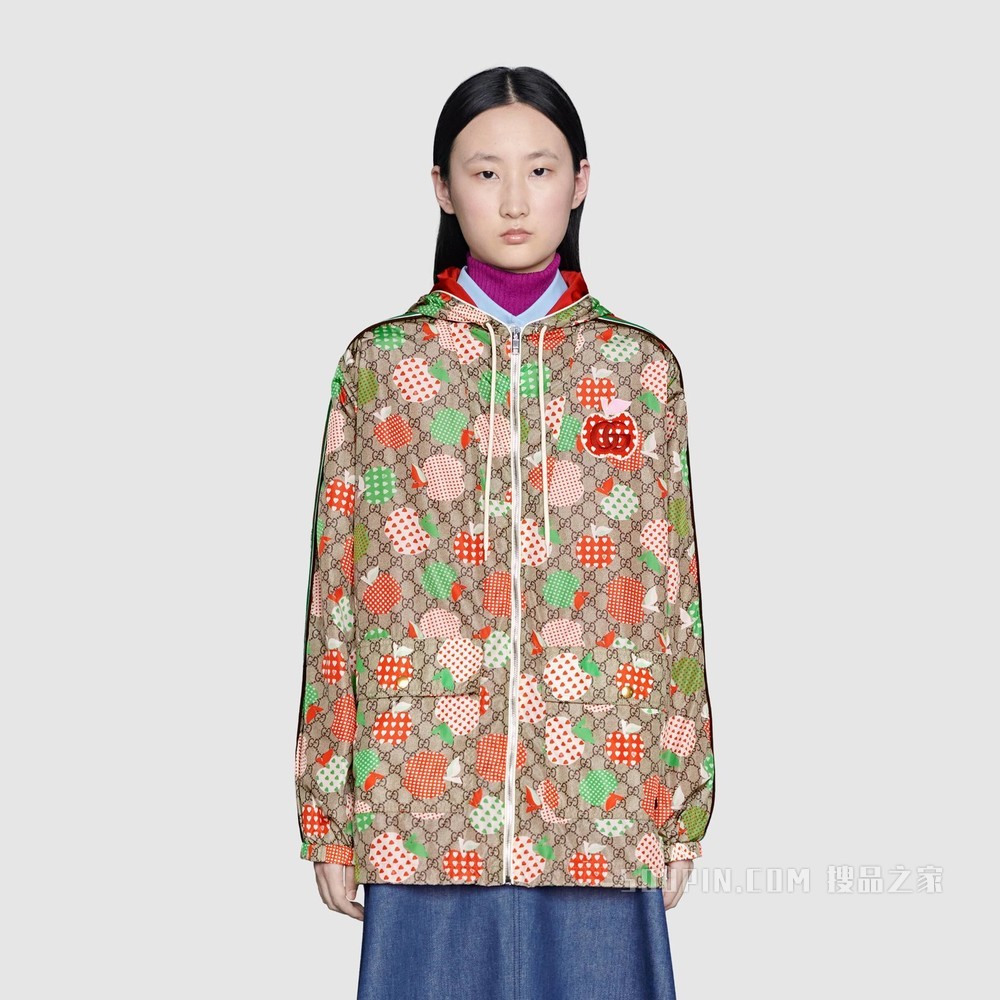女士心苹果图案尼龙夹克 米色和乌木色