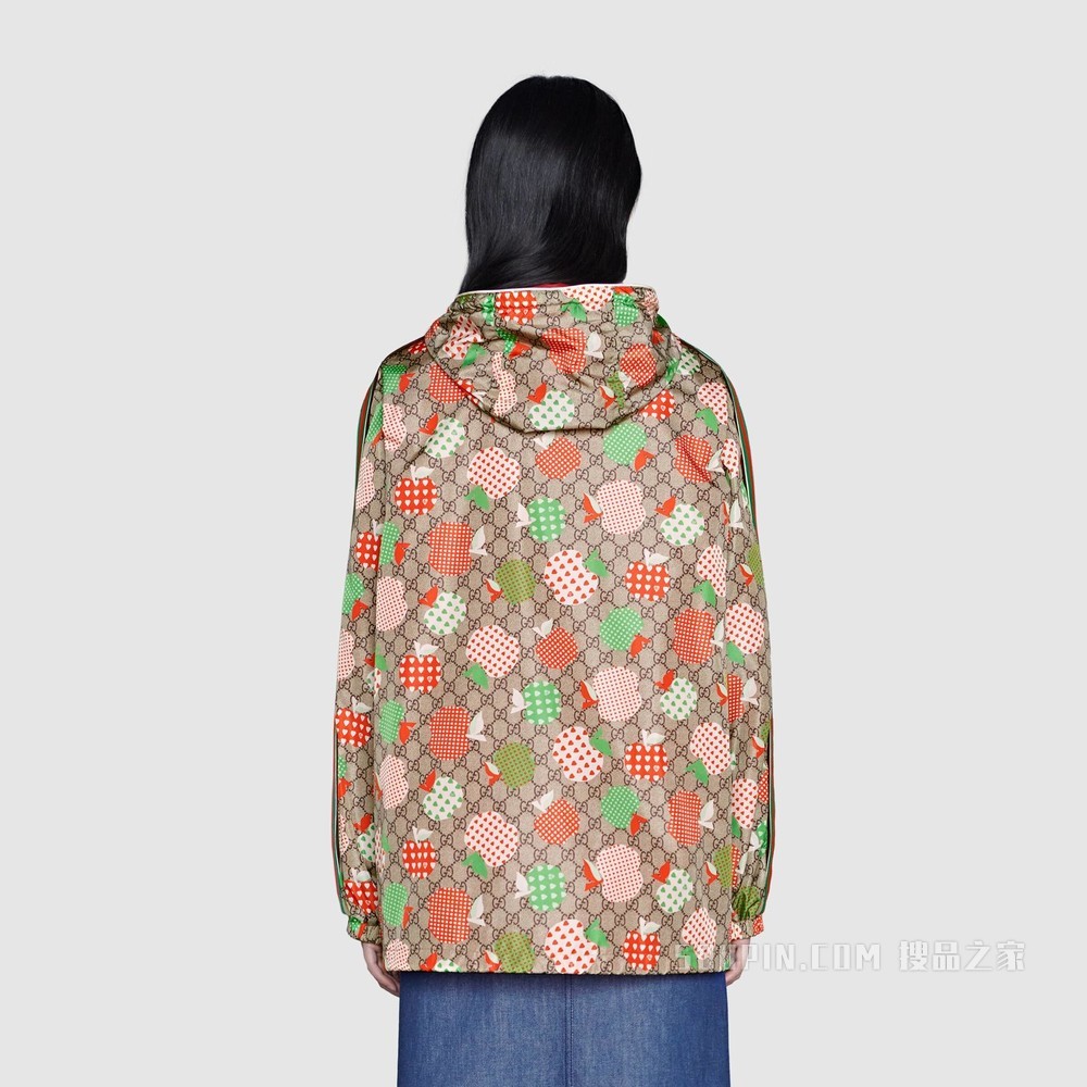 女士心苹果图案尼龙夹克 米色和乌木色