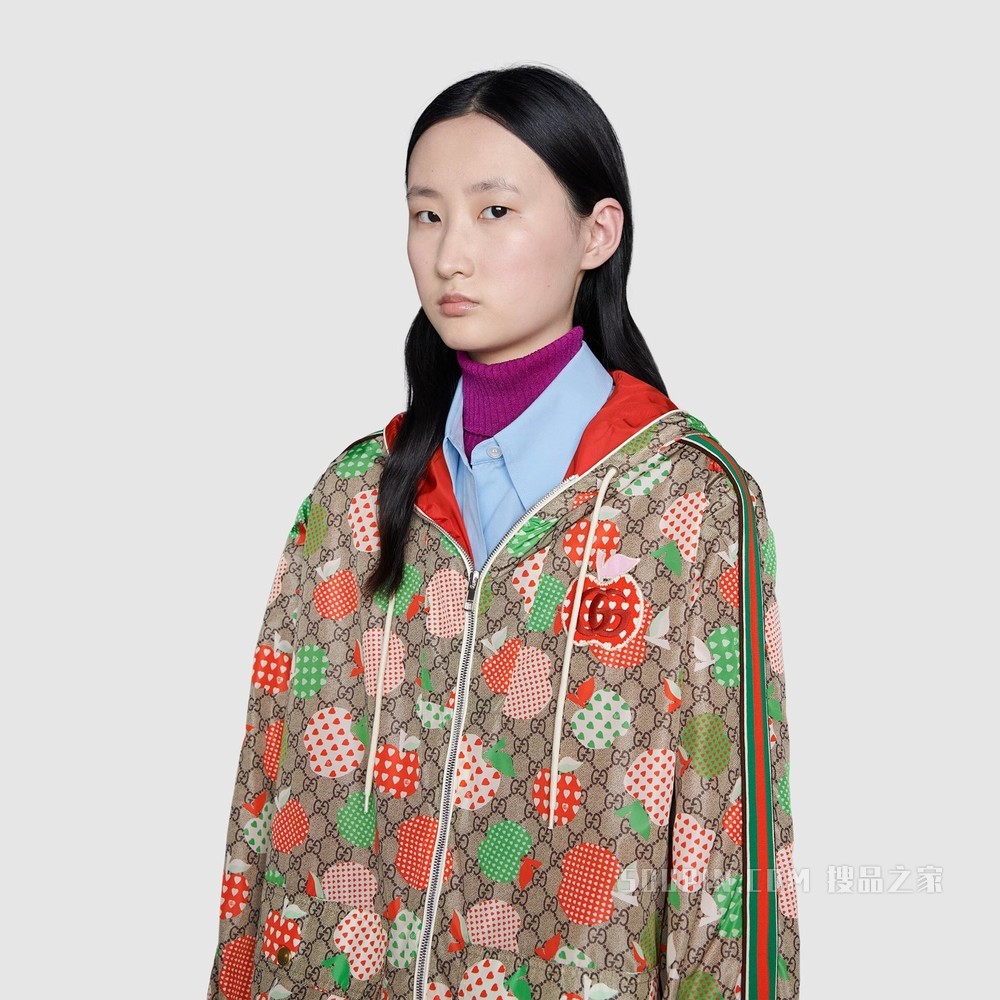 女士心苹果图案尼龙夹克 米色和乌木色