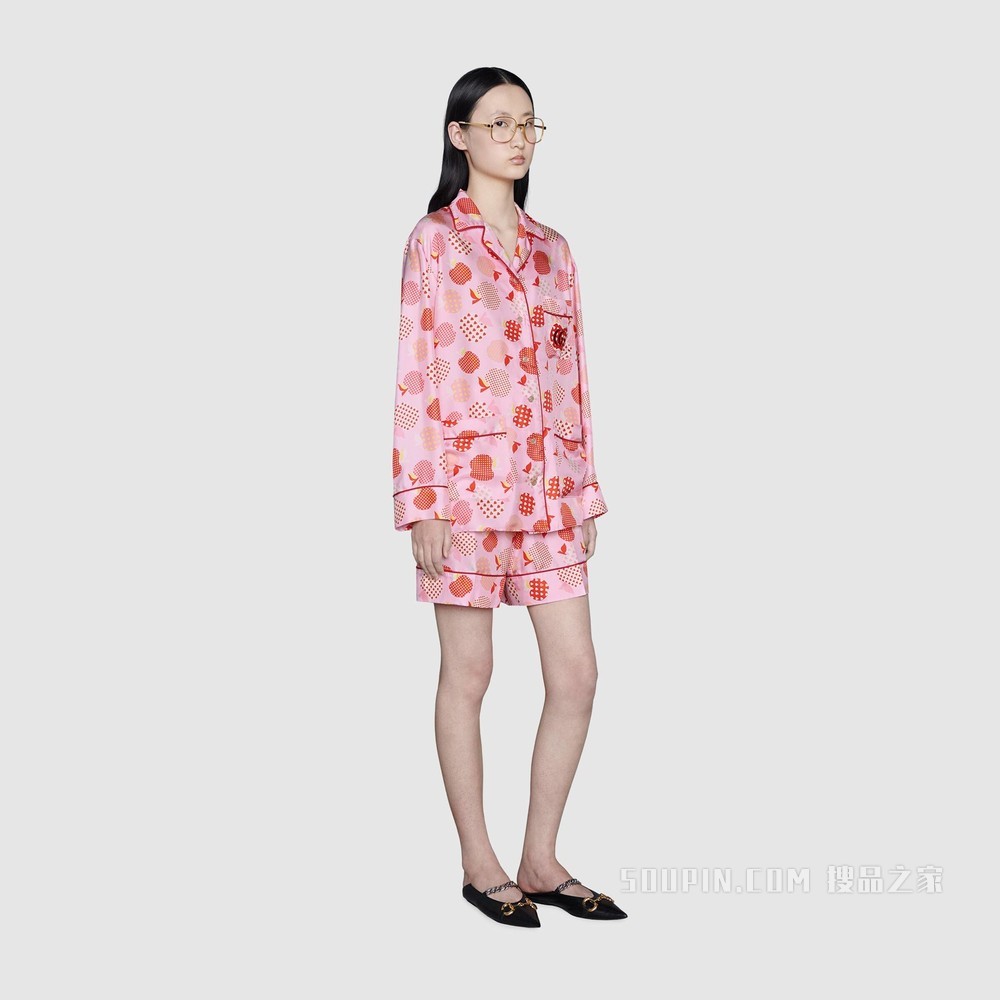 女士心苹果图案真丝衬衫 粉色