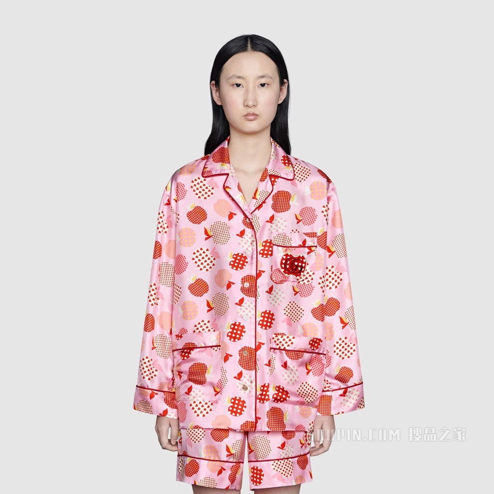 女士心苹果图案真丝衬衫 粉色