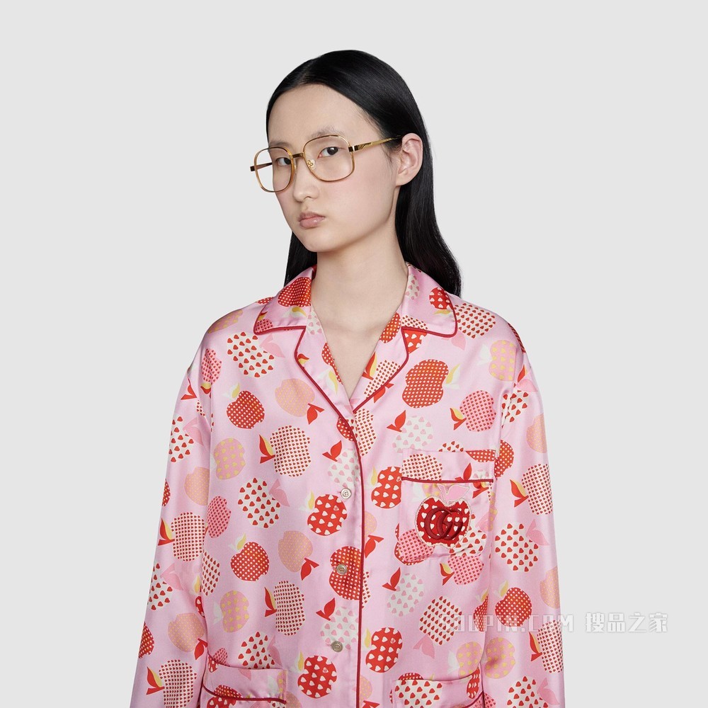 女士心苹果图案真丝衬衫 粉色