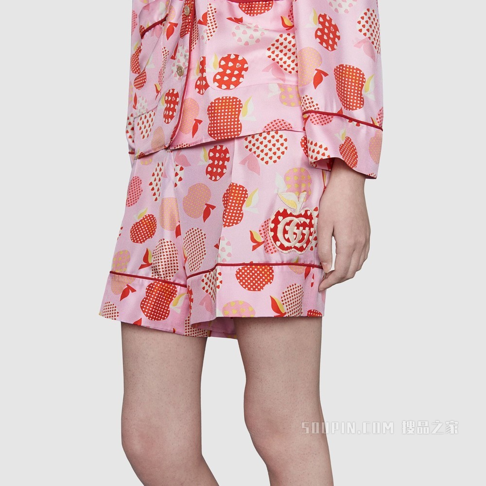 女士心苹果图案真丝短裤 粉色