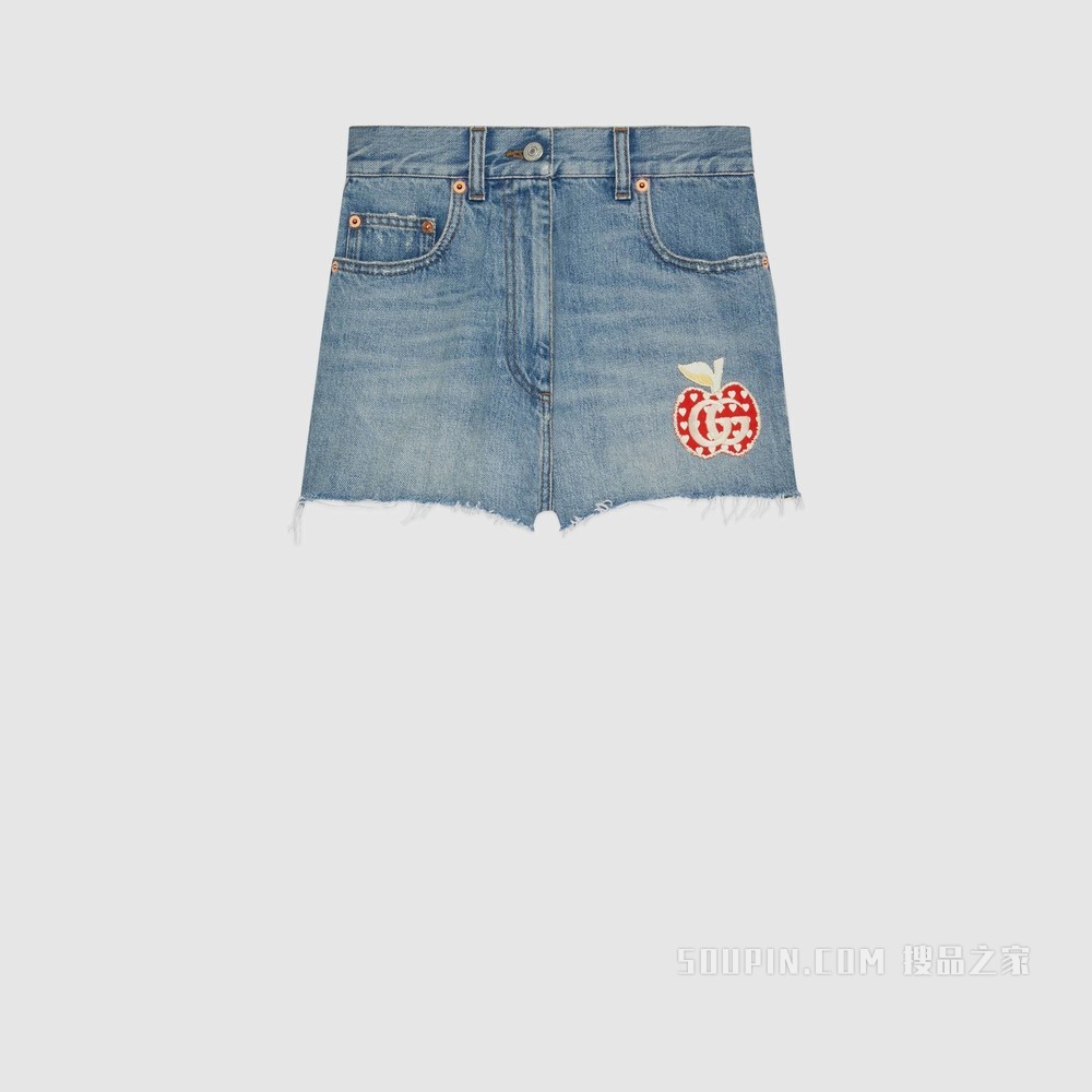 心苹果图案牛仔短裤 浅蓝色